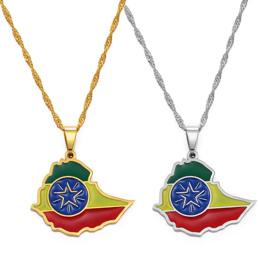 Anniye Ethiopian Map Flag Pendant Necklaces Gold Color/Silver Color Jewelry Africa Ethiopia National Flag Necklace Maps #148621