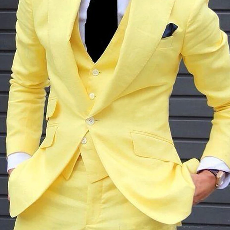 Yellow Slim Fit Prom Suits for Men 3 Piece Set  Jacket with Pants Vest Latest Coat Casual Design Male Fashion Smoking Clothes