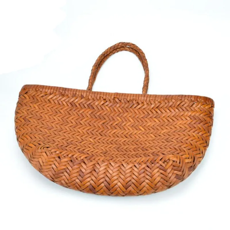 Cowhide woven bag100% Genuine Leather Woven casual vegetable basket bag with Casual Woven Inside Bag Vintage Shopping Bag