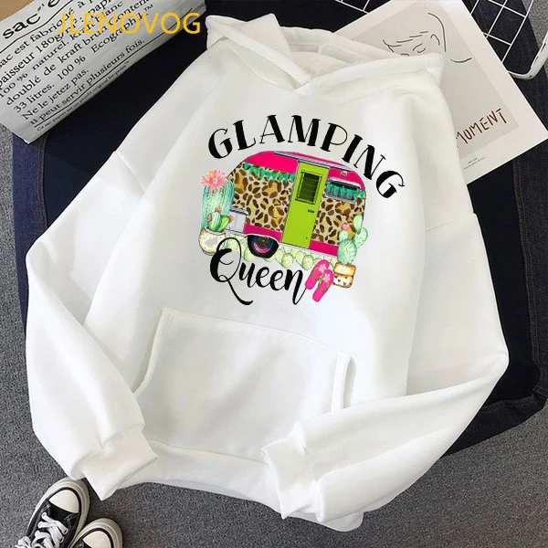 Glamping Queen Graphic Print Cap Hoodies Women Clothes 2021 Leopard Cactus Sweatshirt Femme Harajuku Kawaii Clothing Coat