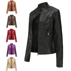 Leather Jacket Women's Zipper Spring and Autumn Women's PU Leather Jacket Women's Leather Jacket Large Size Stand Collarsized