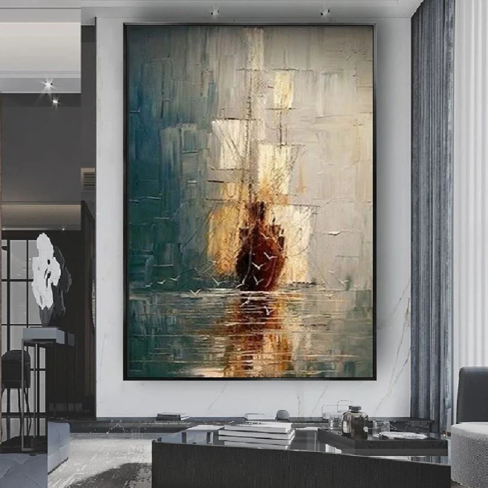 

Nordic Abstract Seascape Wall Canvas Art Heavy Textured Thick Oil Painting On Canvas Sailing Boat Ship Art Hand-Painted Wall Art