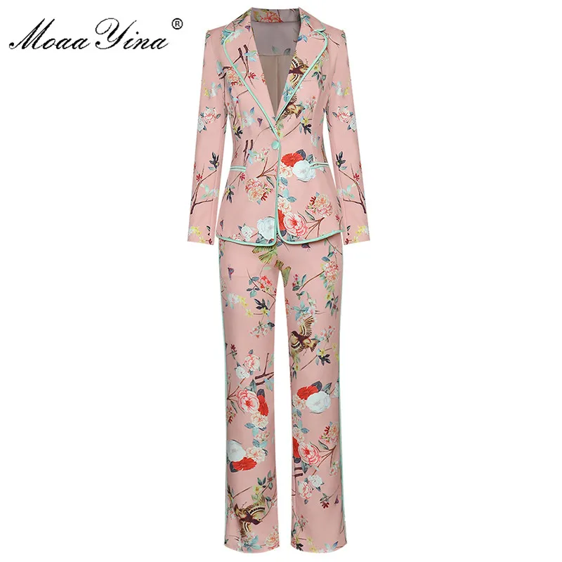 MoaaYina Fashion Designer Suit Spring Women Long sleeve Single Button Suit Tops+Floral Print Pocket trousers Two-piece set