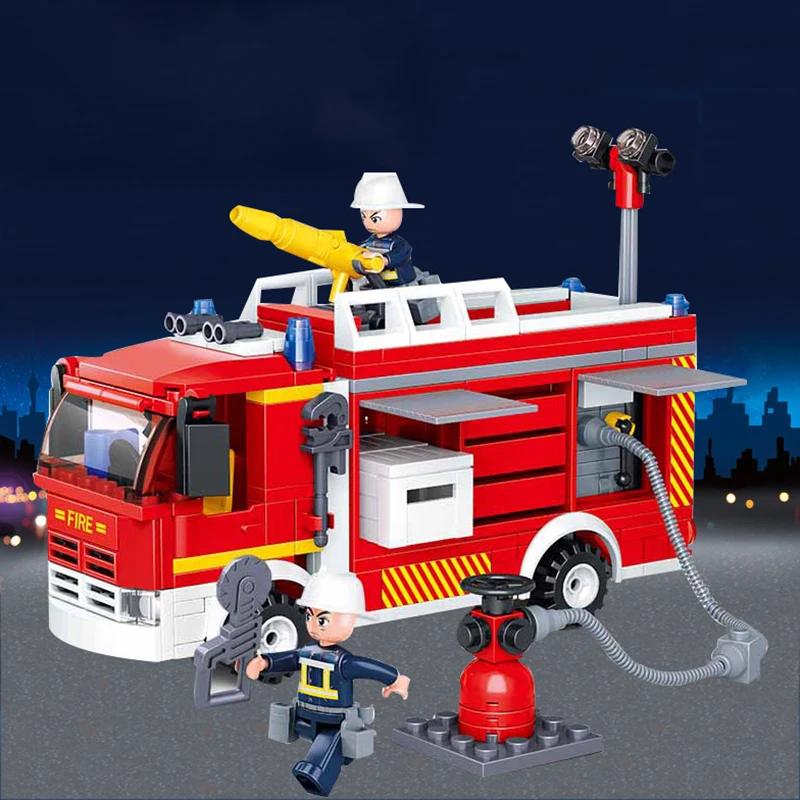 SLUBAN 2021 City Fire Fighting Truck Car Vehicle Police Firemen Figures Hero Building Blocks Bricks Assemble Children Toys Gift