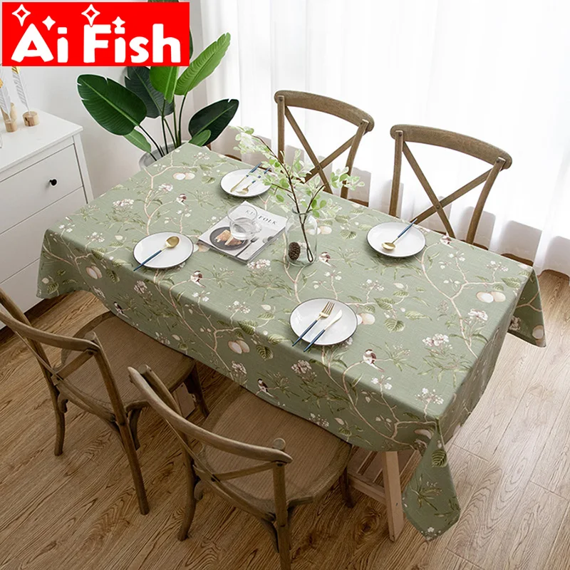 American Country Garden Green Plant Bird Curtains Tablecloth Cotton Linen Kitchen Dinner Table Cloth for Party Banquet Hotel #5