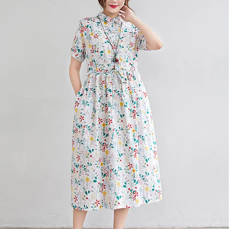 Print Floral Prairie Chic Travel Casual Dress 2024 New Arrival Short Sleeve Loose Summer Dress Women Vintage Work Midi Dress