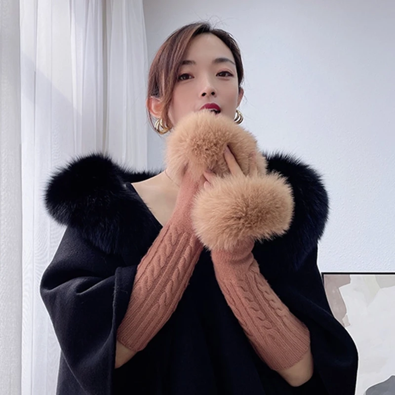 ZDFURS*New Fox Wool cuffs fur fur gloves elastic wool knitted  half finger black قفازات جلدية نسائية перчатки  guantes de cuero