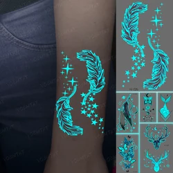 Tatouage autocollant 3D en plumes bleues, étiquette lumineuse, transfert mignon, temporaire, étanche, pour hommes et femmes