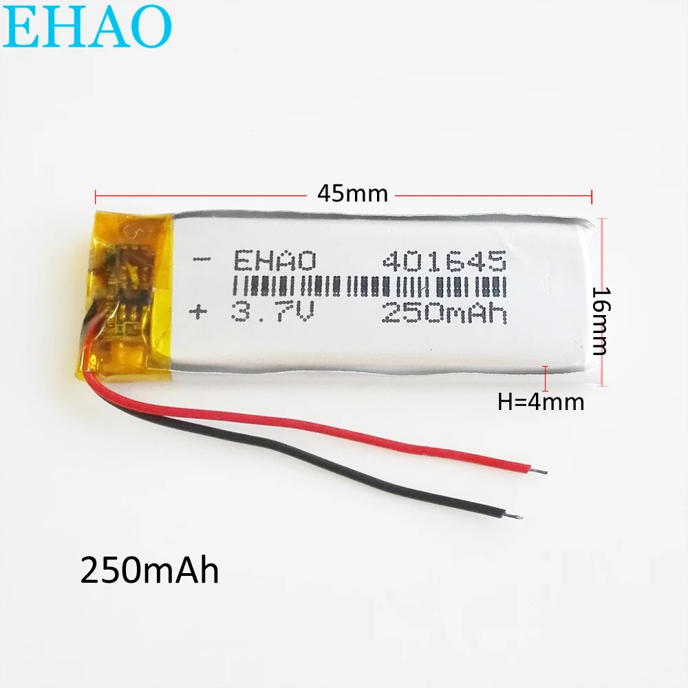 Литий-полимерная аккумуляторная батарея LiPo 3,7 В 250 мАч 401645   Ли-элементы для GPS-навигатора Mp3 Bluetooth со светодиодной подсветкой, гарнитуры Recorde
