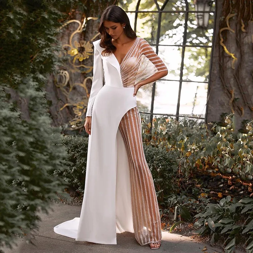 Sexy Jumpsuit Wedding Dress Pants Suit One Shoulder Open BackWedding Party Bridal Illusion Tulle Long Sleeve V-Neck Sweep Train