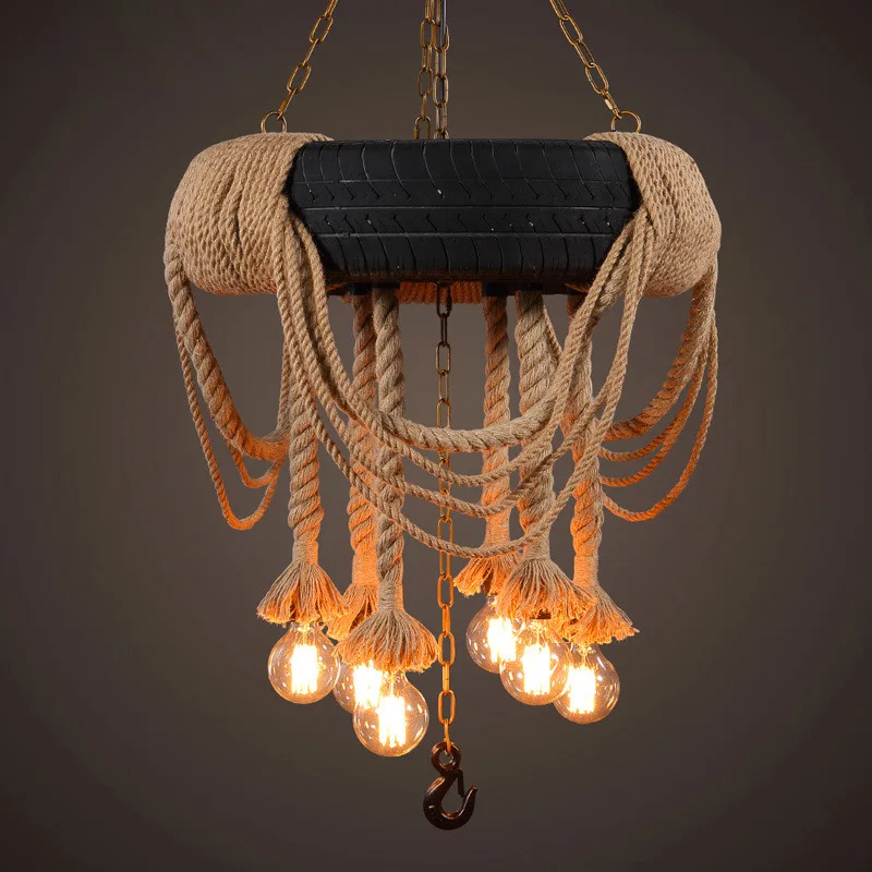 American Vintage Suspension Lamp Industrial wind personality hemp rope Rubber tires pendant light LED E27 G80 110V/220V lustre