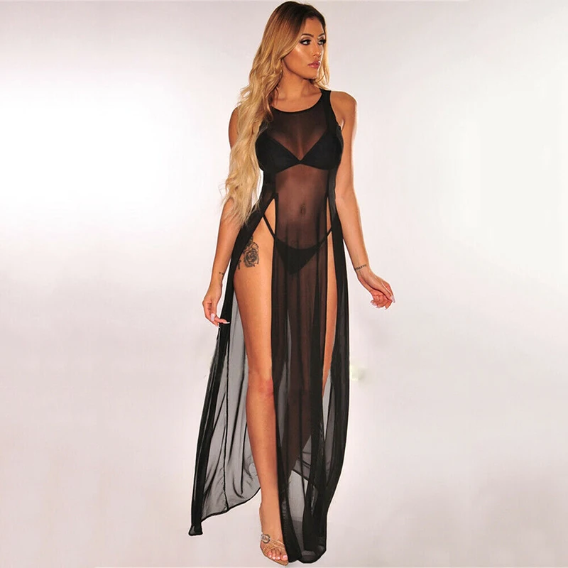 Mesh Sheer Bikini Cover Up Sexy Women Elegant Transparent Split Beach Dress Swimsuit Swimwear Holiday Beachwear Clothes