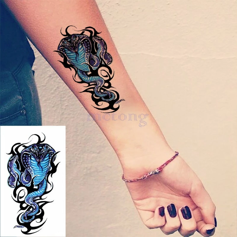 Waterproof Temporary Tatoo Stickers Blue Cobra Snake Fish Dinosaur Tatuajes Hand Tatouage Body Flash FakeTattoo Sticker Taty