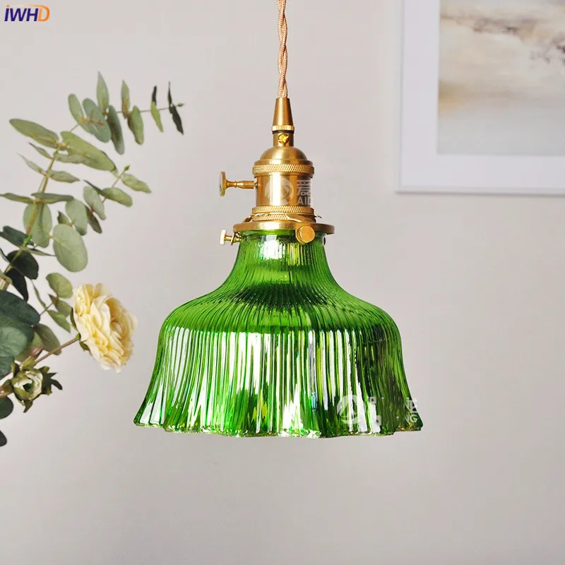 IWHD Nordic Green Glass Hanging Lamp Copper Switch Bedroom Bar Coffe Modern LED Pendant Light Fixtures Hanglamp Home Lighting