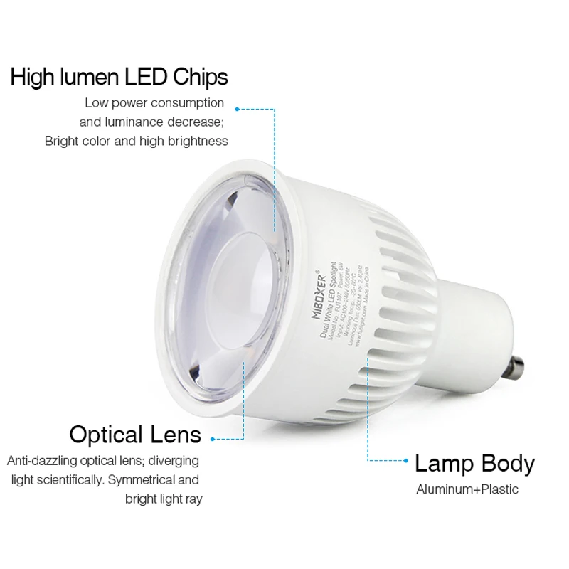 6W GU10 Dual White LED Spotlight 220V Wireless Control Smart Adjustable Brightness Bulb;2.4G Wifi APP Control need match WL-Box1