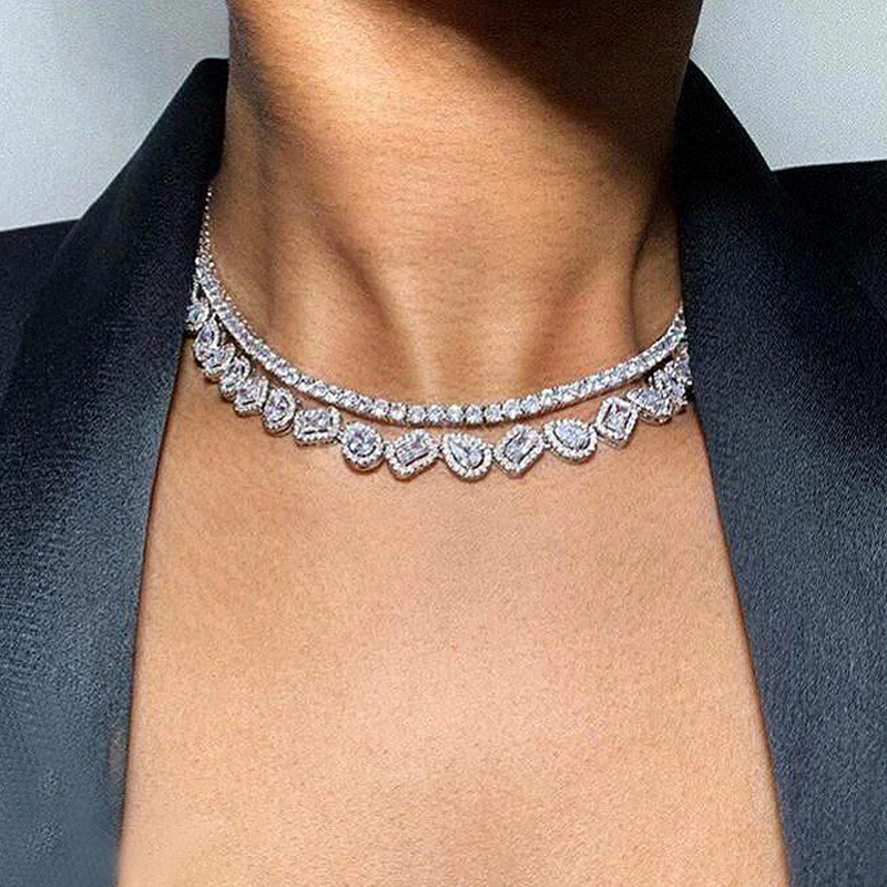 

Silver Color AAA Cubic Zirconia Tear Drop Halo Bead Charm Necklace Tennis Chain Iced Out Bling cz Cluster Choker Women Jewelry