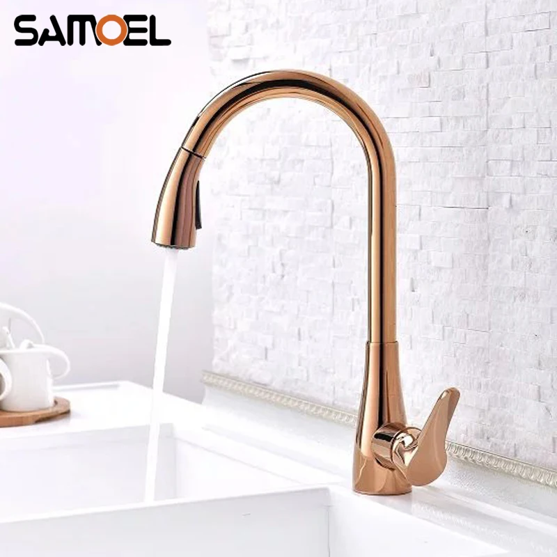 Fashionable Brass Rose Golden Pull Out Deck-mounted Kitchen Sink Faucet Mixer Pull Down Rose Gold Water Tap RS340