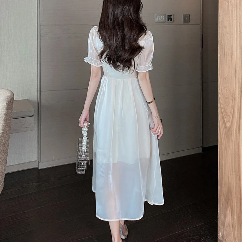 Summer Dresses 2022 New Sweet Square Collar Flare Sleeve Dress Women High Waist Short Sleeve Midi Long Dresses Spring Robe 14088