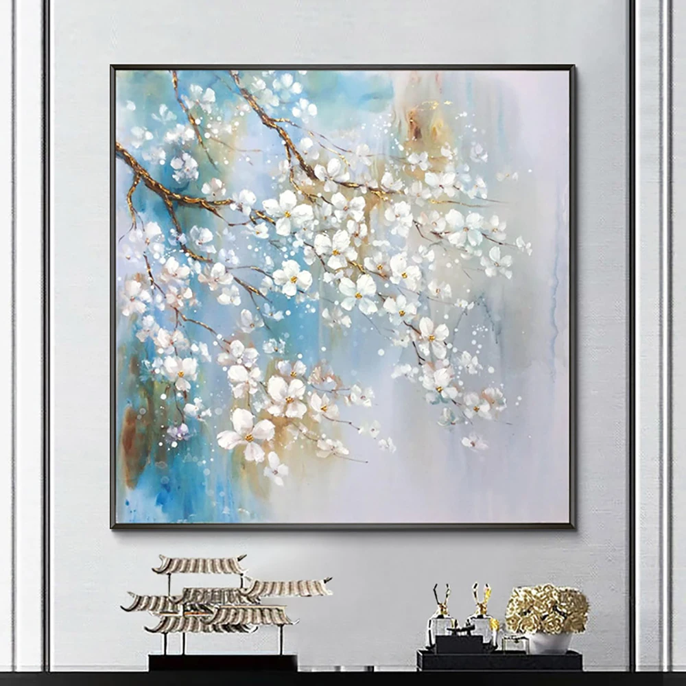 

Hand Painted Abstract Oil Painting, Plum Blossom Oil Painting, Porch Decorative Painting, Living Room Decor, Square, Salon Mural