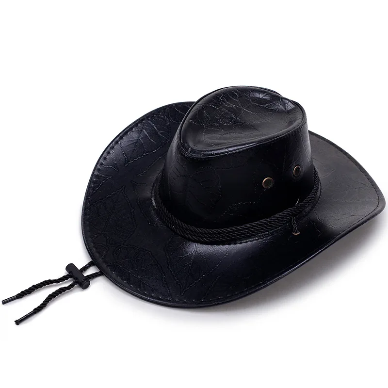 YOYOCORN  Pu leather men\'s American wind big western cowboy hat ladies knight hat outdoor visor unisex breathable cap