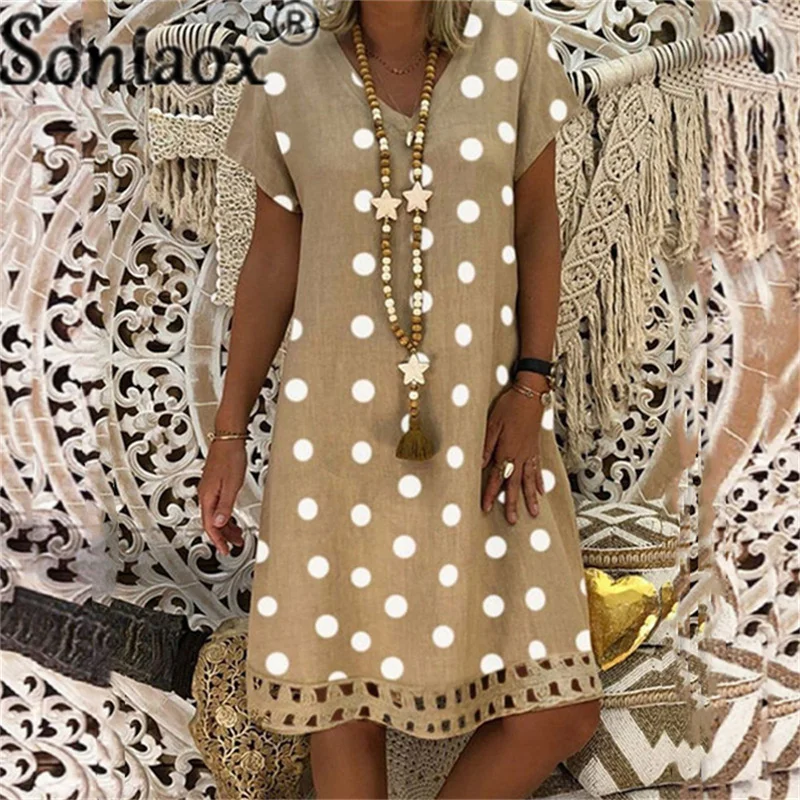 2021 Women Boho Dot Printed V-Neck Dress Ladies Summer Fashion Casual Loose Short Sleeve Dresses Pareos De Playa Mujer