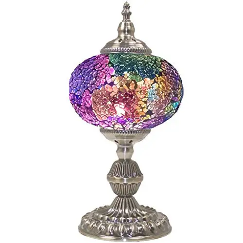 

LaModaHome Mosaic Turkish Lamp Moroccan Glass for Table Desk Bedside Bronze Base Bundle with E12 Light Bulb-2 Sizes (Deep Purple