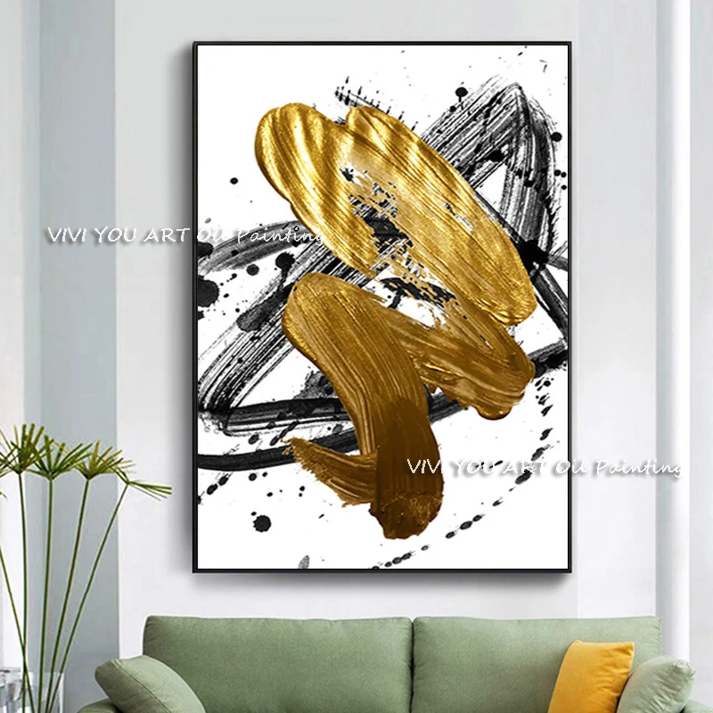 Metallic Gold Ink Splash Abstract Thick Oil Painting On Canvas, Modern Artwork Handpainted Living Room Wall Decor