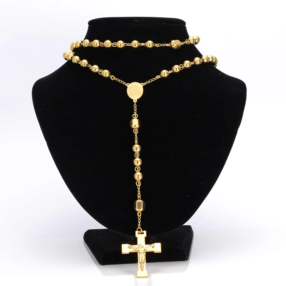 Chic Gold Stainless Steel Rosary Beads Chain Necklace for Women Men Ball Handmade Crucifix Jesus Pendant Religious Cross Jewelry