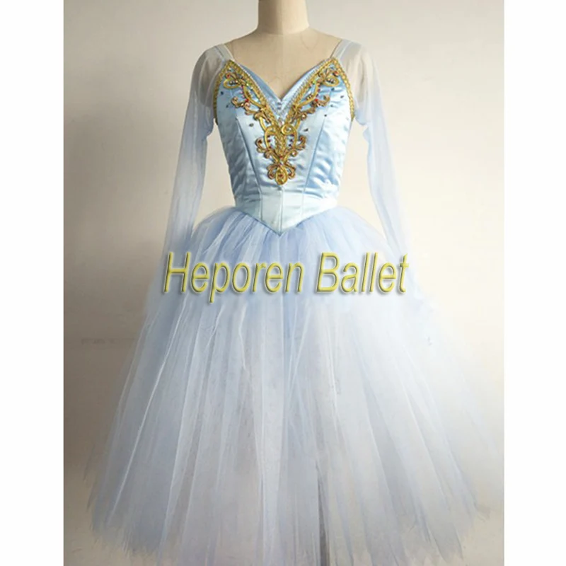 High Quality Customized Nutcracker Light Blue Ballet Long Skirt For Women, Blue Yarn Swan Lake Lace Sleeves Fairy Long Dress