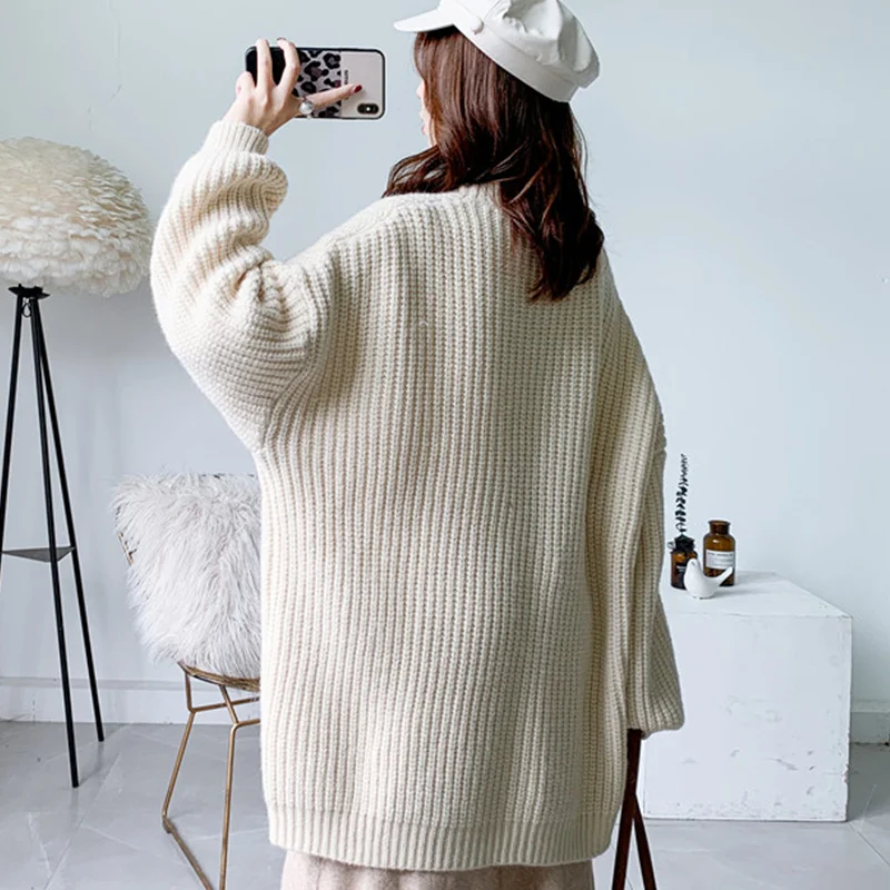 Alpaca Blend Winter Sweater Cardigan Women Korean Casual Lantern Sleeve Chunky Knit Cardigan Ladies Over Size Thick Sweater Coat