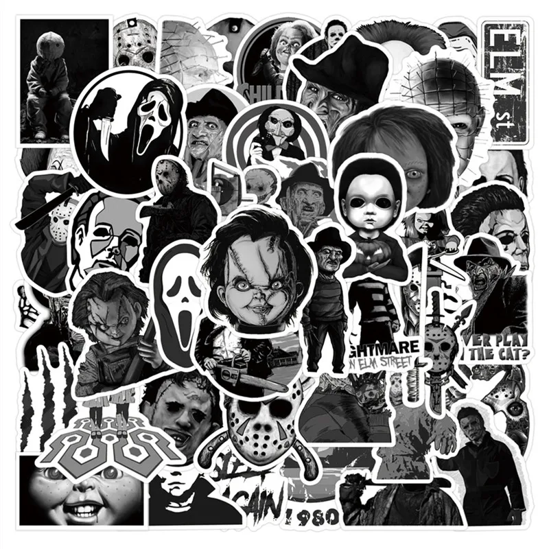 50/100PCS Black and White Horror Scary Movie Graffiti Stickers Aesthetic Laptop Motorcycle Waterproof Decal Sticker Kid Toy