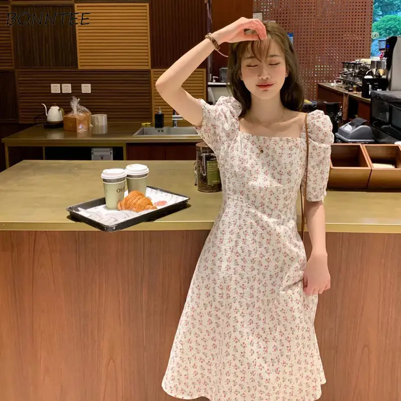 Summer Dress Women Lovely French Floral Holiday Square Collar Retro Girls Sundress Simple Empire Short Sleeve Ladies Vestido New