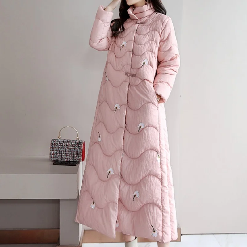 Stand Women Collar Chinese Style Long Warm Coat Micro-Elasticity Embroidery Flower Korean Female Cotton Jackets Winter Fashion