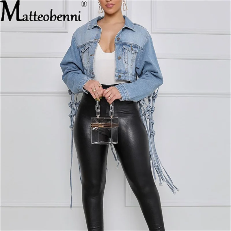 Womens Autumn 2021 New Fit Crop Tops Back Grid Tassel Design Long Sleeve Jean Coat Ladies Casual Street Denim Jacket