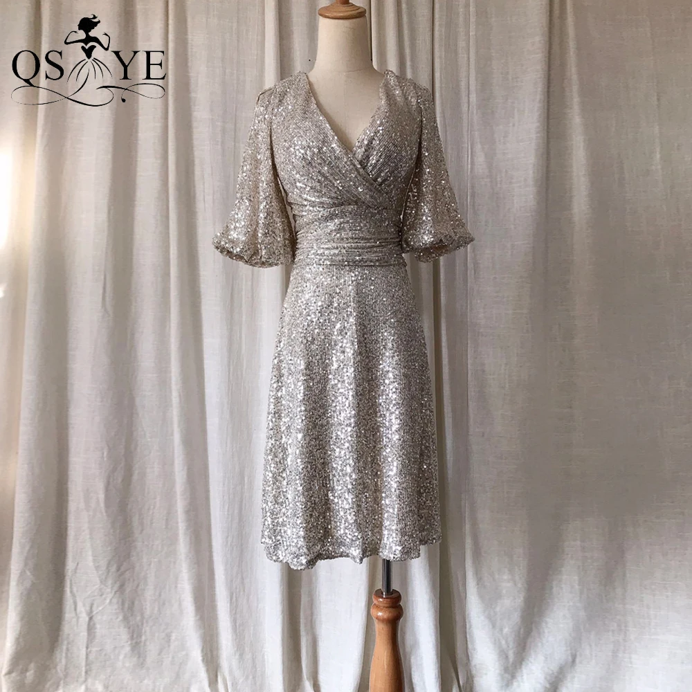 

Short Silver Prom Dresses Long Sleeves Mini Sequin Evening Gown V Neck Party Formal Gown Ruched Stretch Women Short Dress Chic