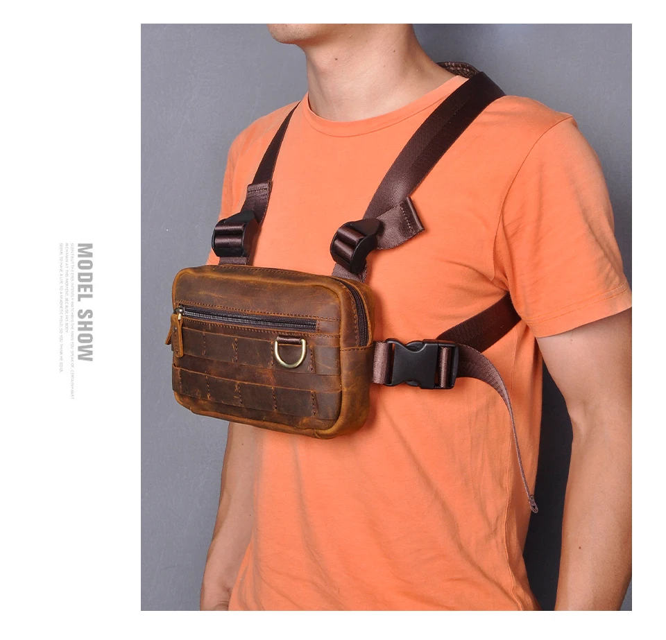 Bolso de pecho Vintage de cuero genuino para hombre, bolsa de aparejo de pecho de dos correas, estilo de moda, paquete de utilidad rectangular,