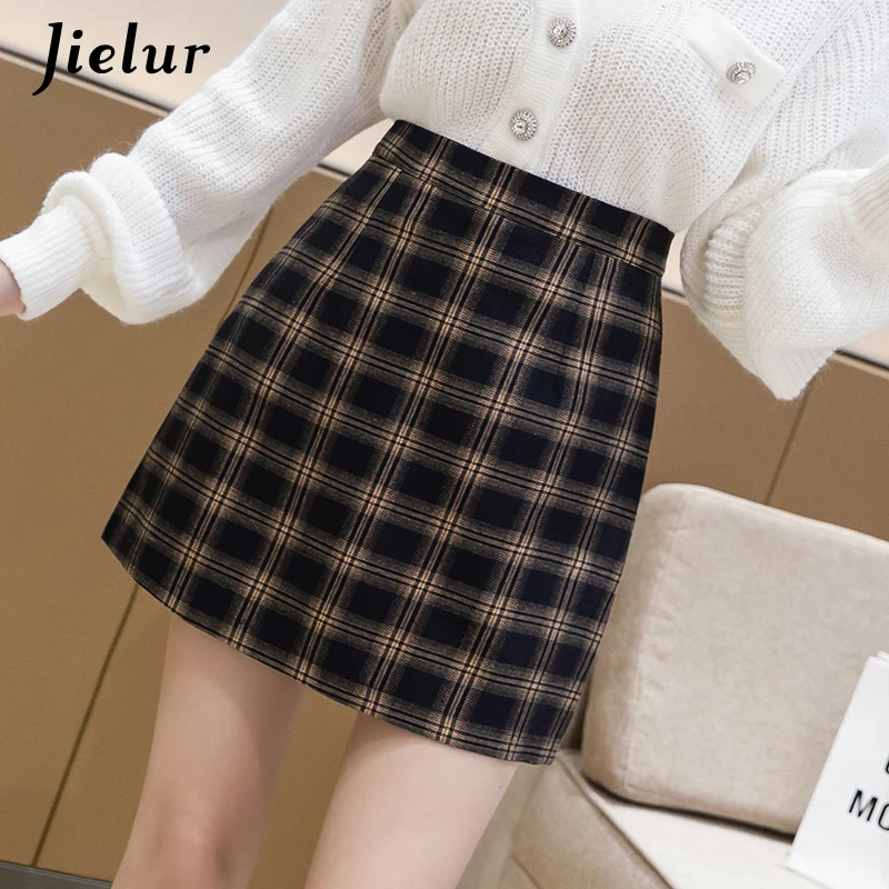 Jielur 2021 Autumn Winter Attractive Skinny Sexy Lady Zipper Plaid Skirts Yellow Elegant Chic High Waist Short Women Skirts S-XL