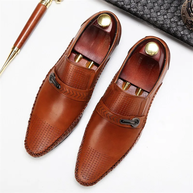 

New Luxury Brand Designer Genuine Leather Pointed Toe Ankle Shoes Casual Breathable Men Slip-On Black Brown Business Dress Shoes