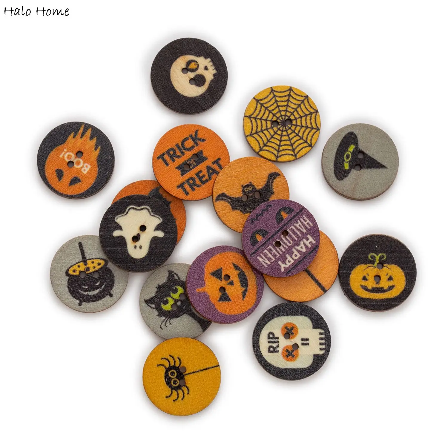 50pcs Round Funny Cartoon Halloween Theme Wood Buttons Sewing Scrapbooking Clothing Crafts Handmade Home Decor Accessories 25mm