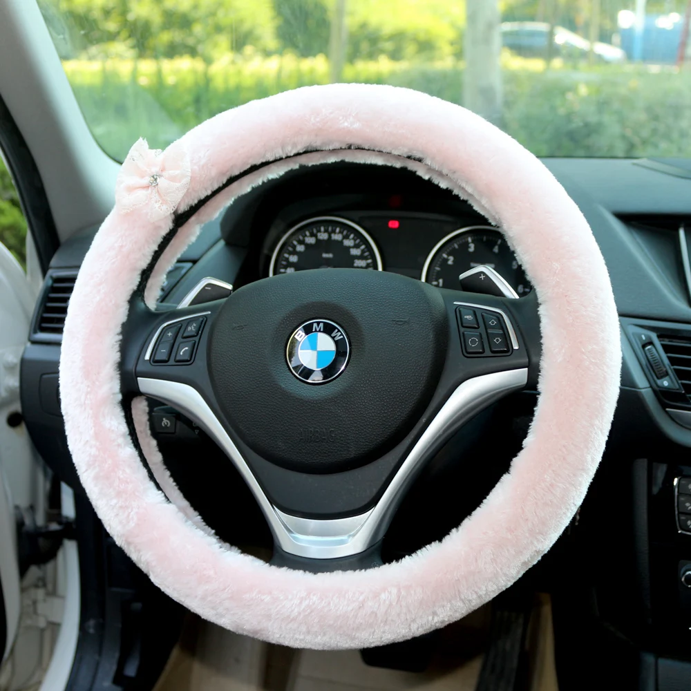 Winter Plush Pink Car Interior Decoration Accessories Set Headrest Pillow Steering Wheel Cover Gear Handbrake Cover Seat Cushion