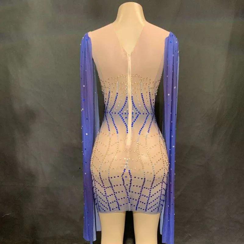 Birthday Celebrity Prom Party Mini Dresses One Piece Stage Costume Women Sexy Blue Long Sleeve Perspective Mesh Net Yarn Dress