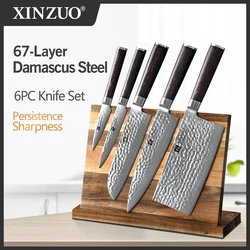 XINZUO 6PCS Damascus Steel Knife Sets Acacia Wood Magnetic Knife Holder Knife Block Knife Stand Storage Organizer For Knives Set