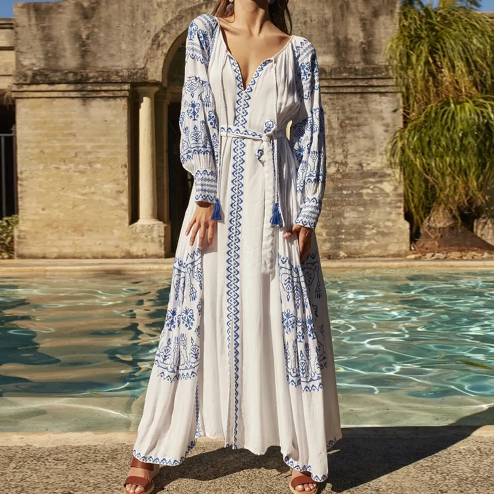 TEELYNN White Cotton Maxi Dress Women Ethnic Tunic Robe Vintage Long Sleeve Embroidery Autumn Dresses Boho Beach Loose Vestidos