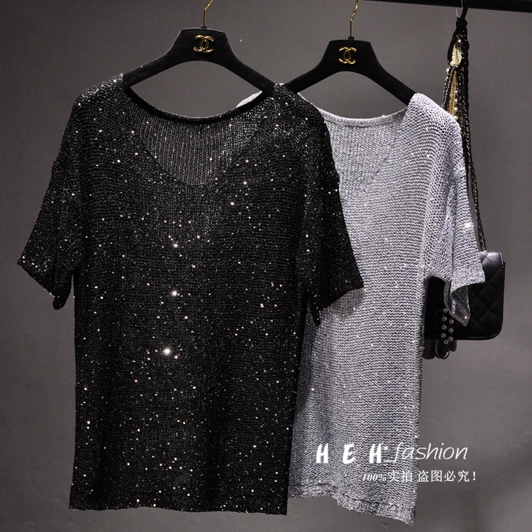 Cakucool Women Sequin knit Top Short Sleeve Summer Pullover gold Lurex Basic Tops Korean Loose Casual Shirts Femme Khaki Black