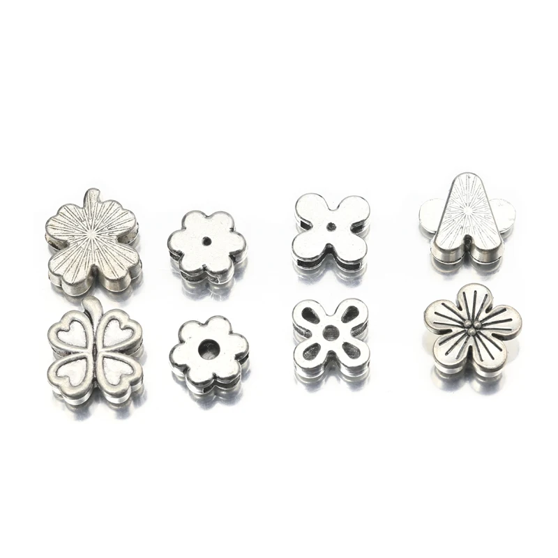 10Pcs Tibetan Silver Lucky Clover Flower Loose Spacer Beads For 10mm Flat Leather Cord Diy Bracelet Jewelry Making Accessories