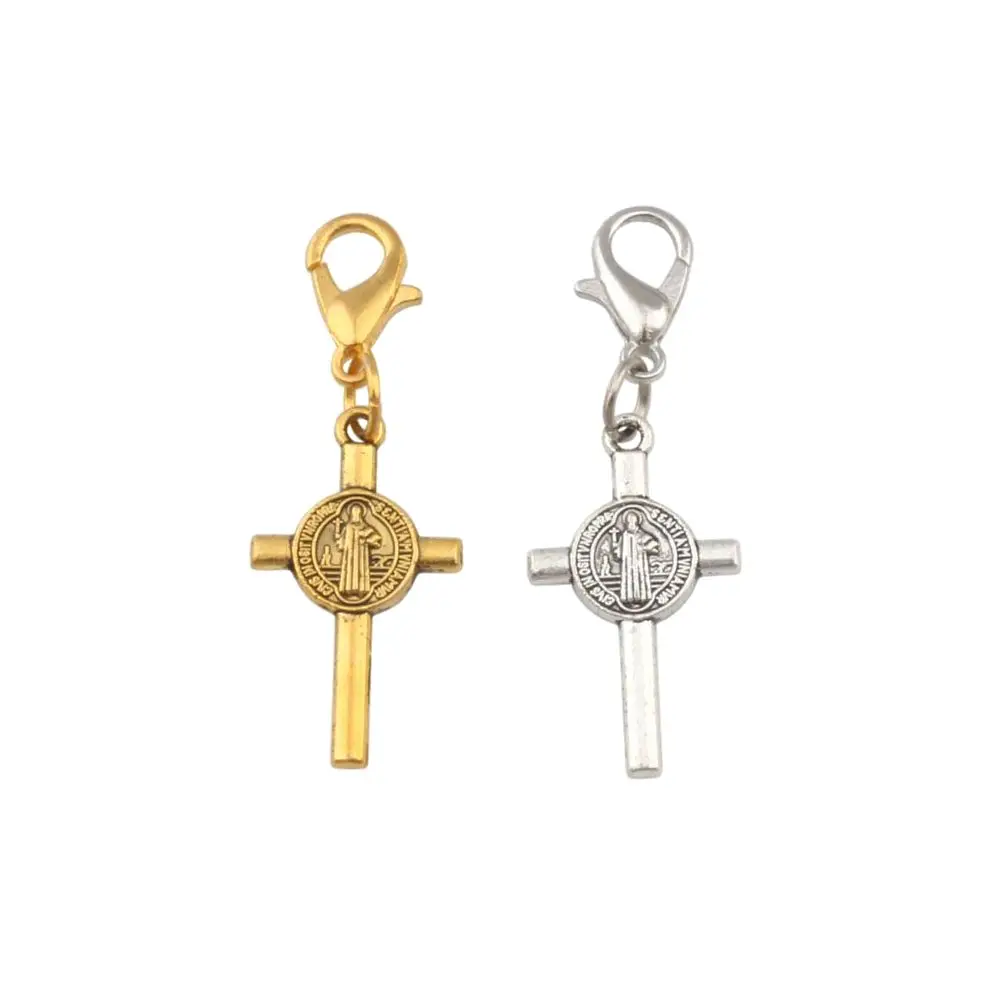 100Pcs 2colr Saint Benedict Medal Cross Crucifix Floating Lobster Clasps Charm Bead Fit Bracelet DIY Jewelry 13x37.2mm A569