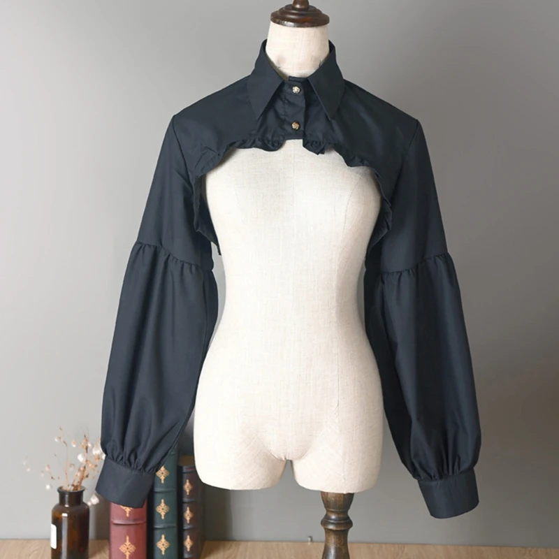 Women Puff Long Sleeve Half Top Blouse Ruffled Edge Golden Button Detachable False Fake Collar Winter Sweater Decorative