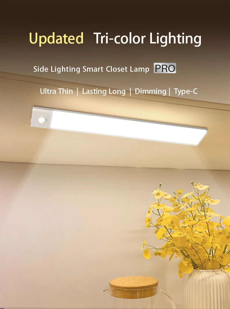 Tri-Colors  LED Closet Lamp Under Cabinet Light Smart Installed Free Luxury Super Thin Type-C Fast Charger