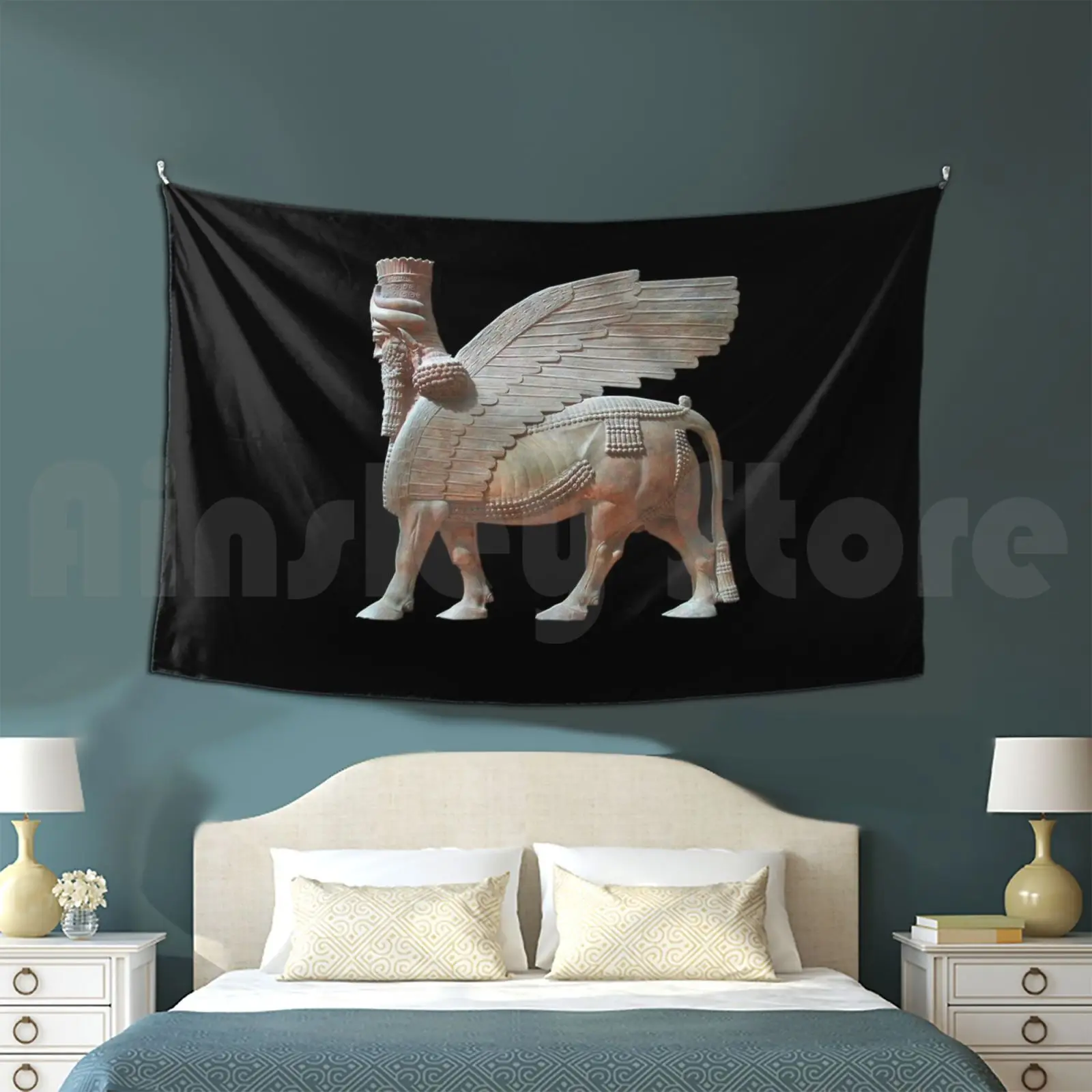 Human-Headed Winged Bull. Assyrian Lamassu Statue. On Black. Customized Tapestry Assyria Assyrian