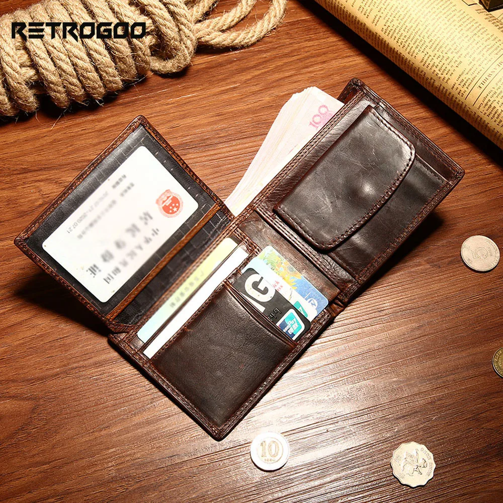 

RETROGOO 2021 Short Genuine Leather Men Wallet Fashion Coin Pocket Card Holder Men Purse Retro Male Wallets High Quality Cartera